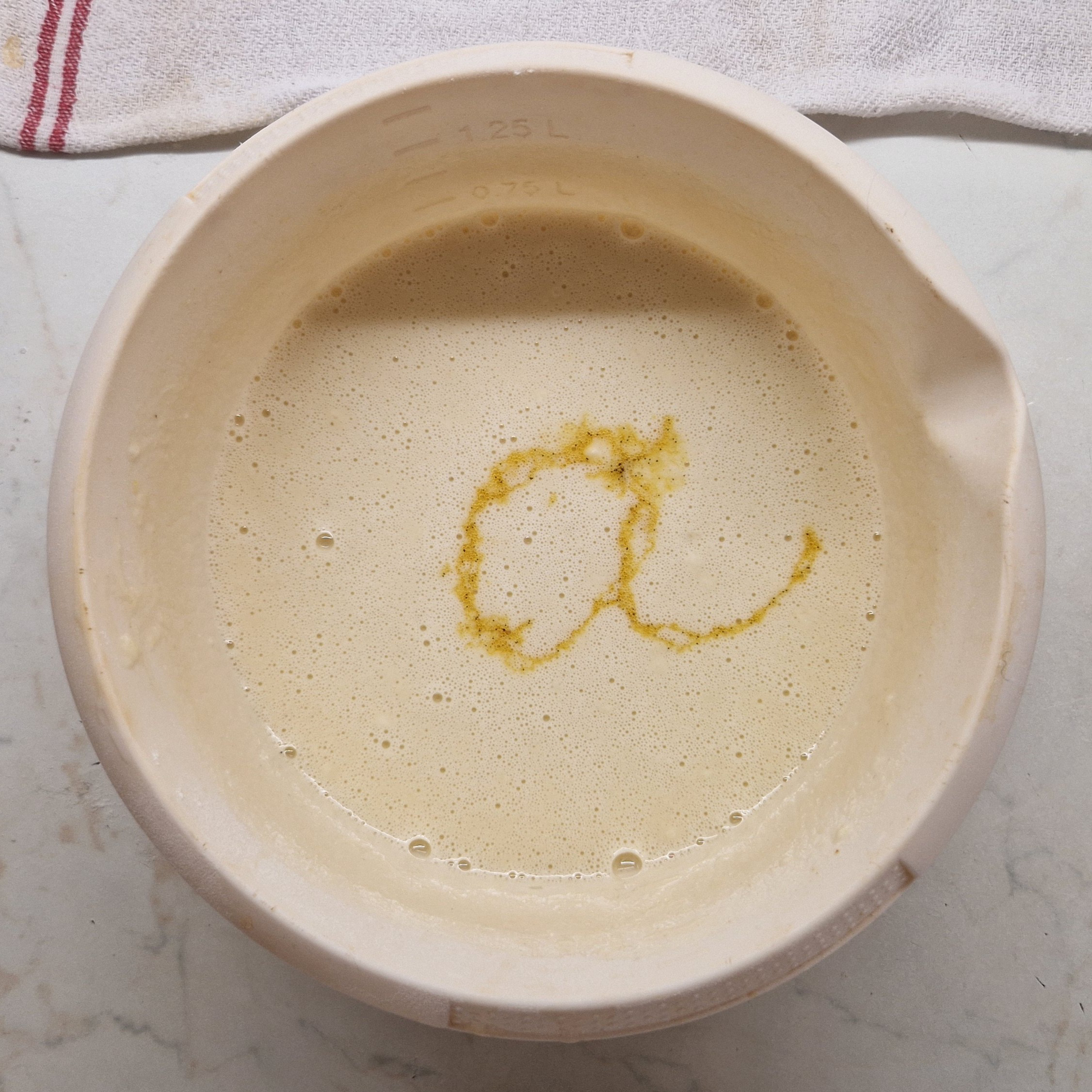 Added milk, oil and eggs. a is drawn with vanilla paste