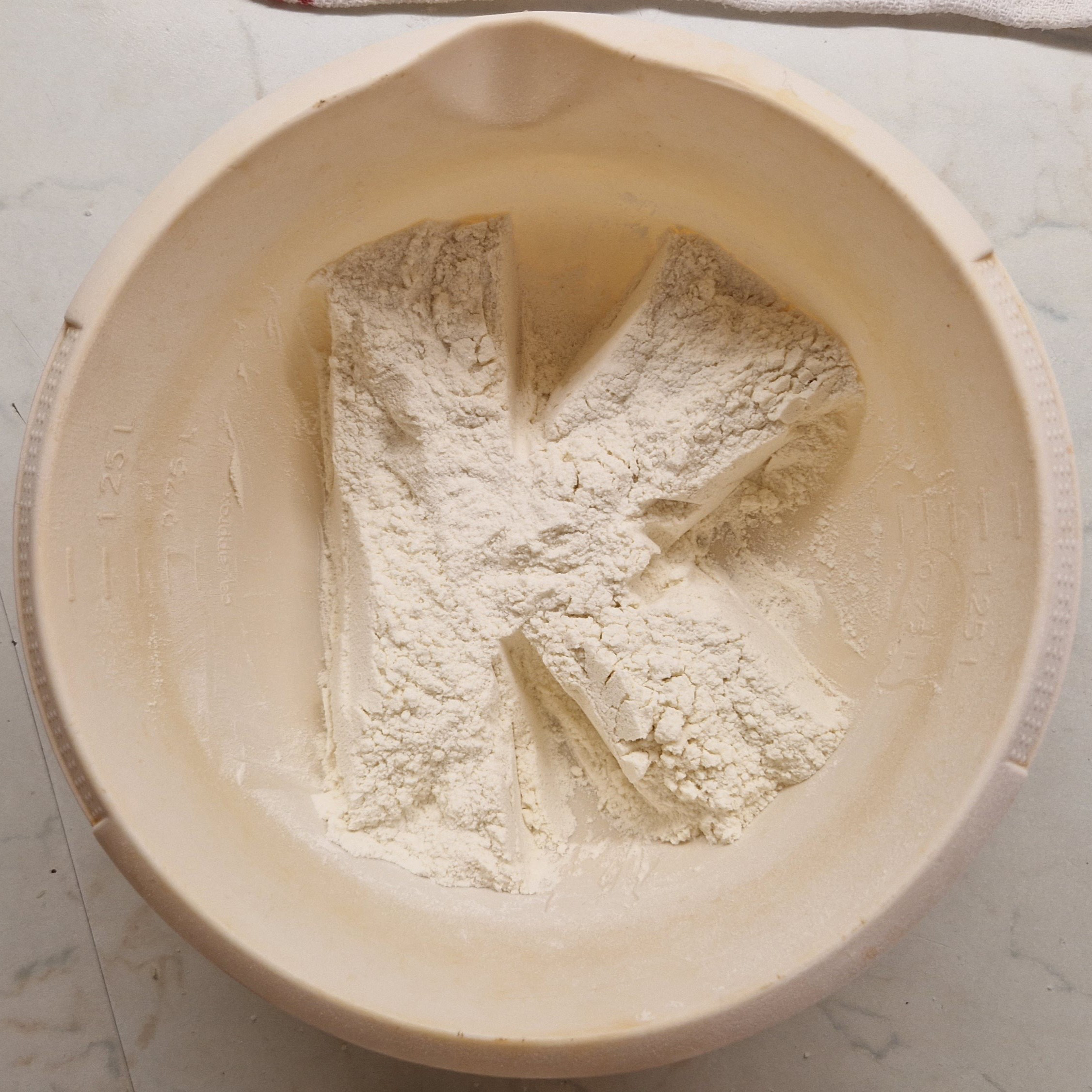 Mixed dry ingeredients formed into K