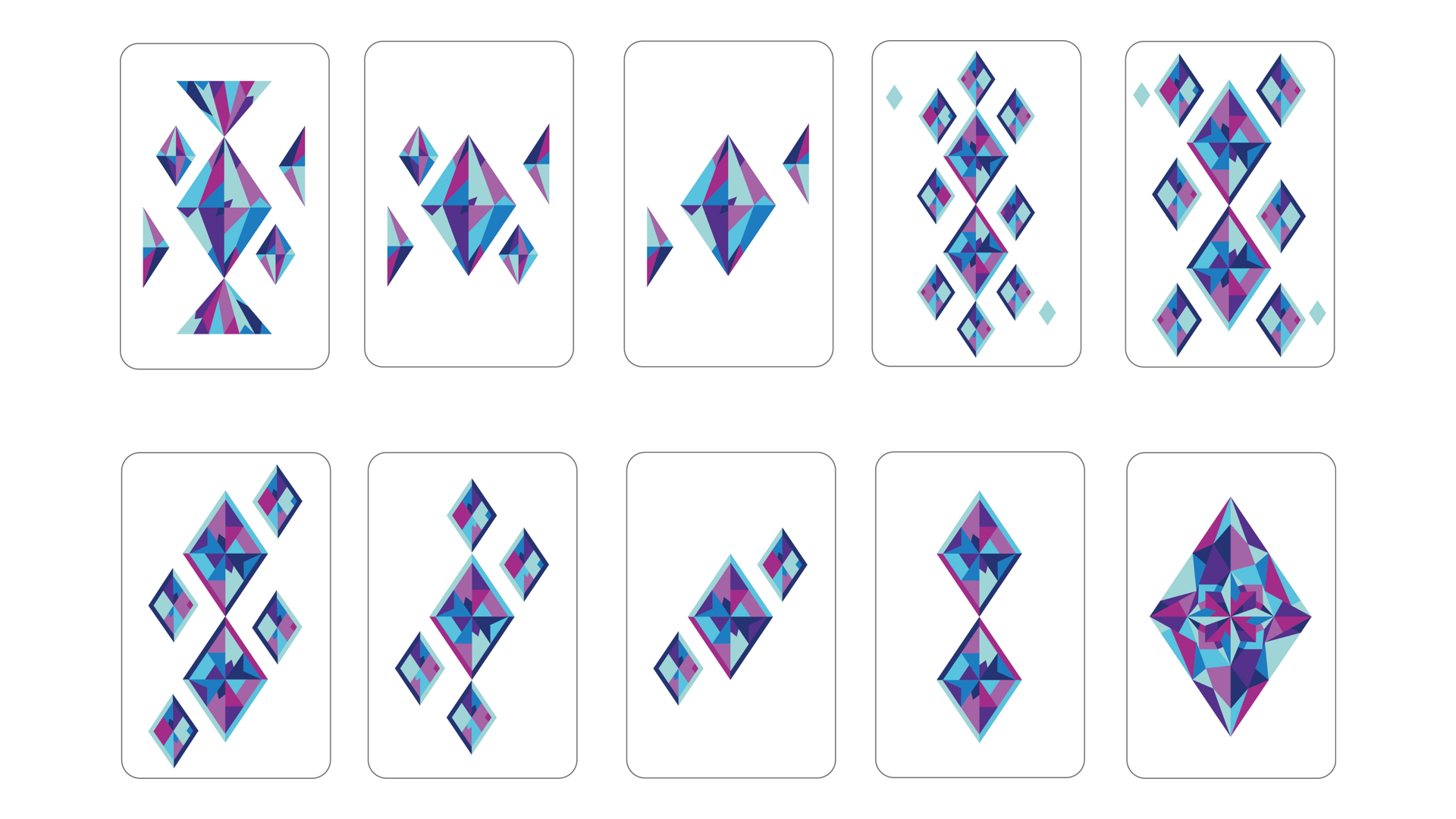 Second slide shows the first design. It's a showcase of playing cards with diamons as the central motif. The diamonds have cool toned palette, made of blues and purples. The colouring of the diamons is flat.