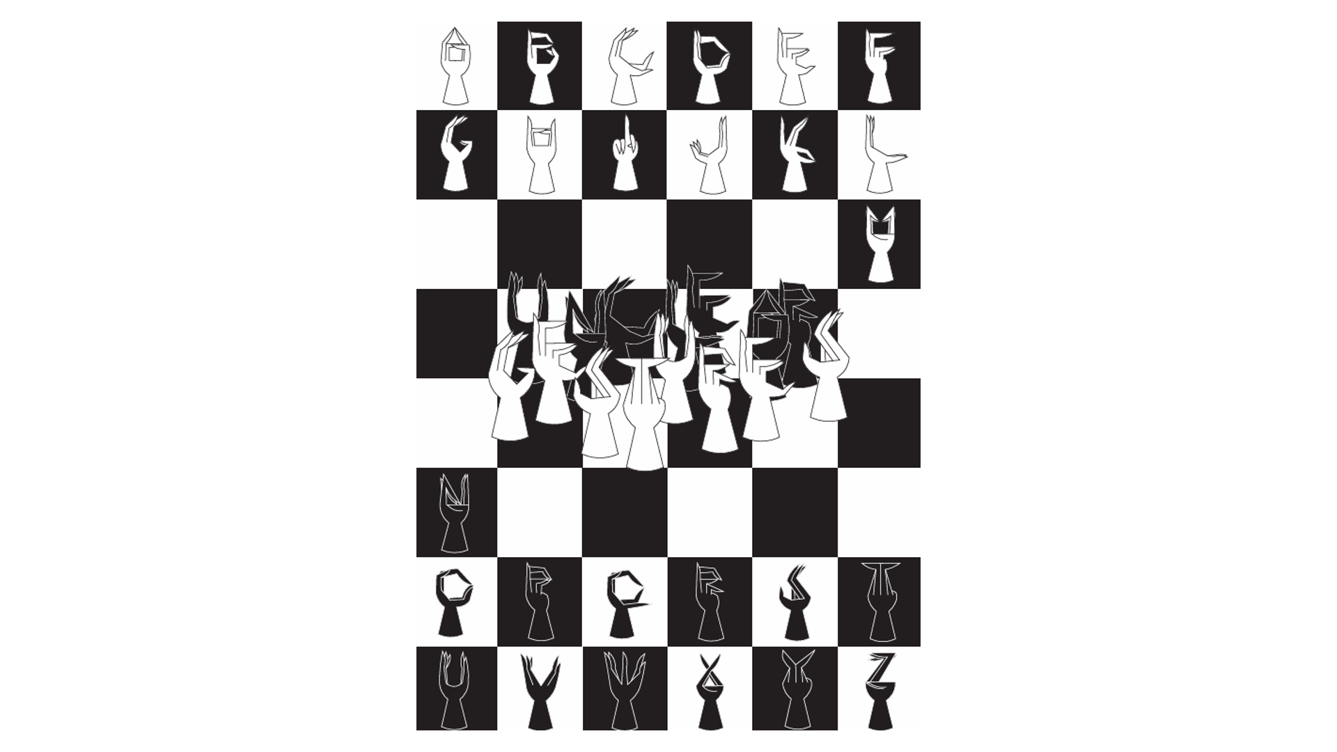 The third slide shows a poster of a custom-made alphabet. The font is designed to resemble human hands, severed just below the wrist, with the letters formed by bending the fingers into mostly unnatural angles. The hands are arranged on a checker-patterned background, like pieces on a chessboard—except for the letters M and N, which sit in the corners of the third row. At the centre is the name of the font, UNCLEAR GESTURES. One alternative name considered was Fear Garden, inspired by the song sharing the same name.