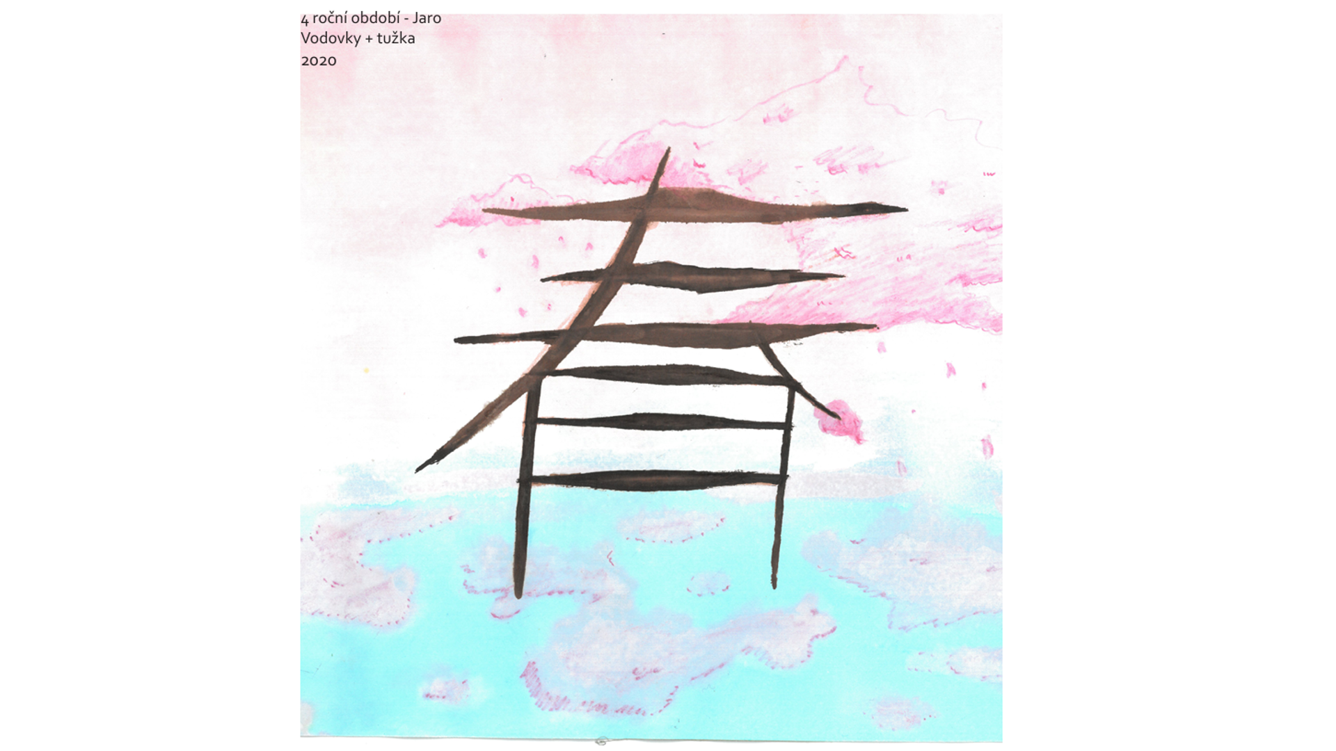 The third slide shows a Japanese character for spring (春, haru), made to resemble a cherry blossom tree that blooms during the season, painted with watercolours. The character is written in dark brown to mimic a tree trunk from which pink leaves, shaped like clouds, sprout from the top of the tree, leaning to the right. The whole composition is set in a void, shifting from pink at the top to light blue at the bottom gradient background. There were 3 more drawings in the series, but they were lost in the dusts of my room.